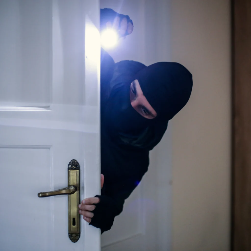 Burglar in black outfit sneaking through door with flashlight.