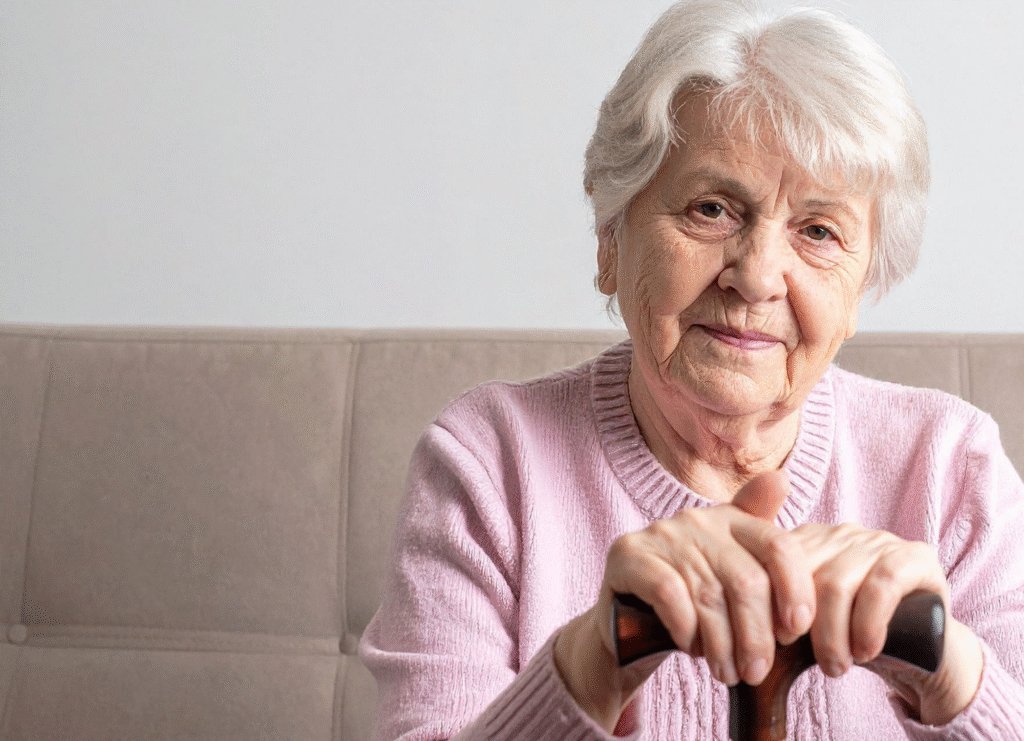 elderly female seated with walking stick looking at the viewer